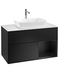 Villeroy und Boch Finion Villeroy und Boch G781PDPD 100cm, plaque de recouvrement blanc mat, Emotion, étagères laqué noir mat, laqué noir mat