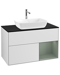 Villeroy und Boch Finion Waschtischunterschrank G782GMMT 100cm, Abdeckplatte black matt, Emotion, Regale Olive matt lacquer, White matt lacquer