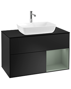 Villeroy und Boch Finion Waschtischunterschrank G782GMPD 100cm, Abdeckplatte black matt, Emotion, Regale Olive matt lacquer, Black matt lacquer