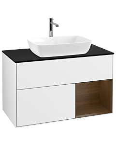 Villeroy und Boch Finion Waschtischunterschrank G782GNGF 100cm, Abdeckplatte black matt, Emotion, Regale Walnut Veneer, Glossy white lacquer