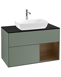 Villeroy und Boch Finion Waschtischunterschrank G782GNGM 100cm, Abdeckplatte black matt, Emotion, Regale Walnut Veneer, Olive Matt Lacquer