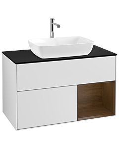Villeroy und Boch Finion Waschtischunterschrank G782GNMT 100cm, Abdeckplatte black matt, Emotion, Regale Walnut Veneer, White matt lacquer