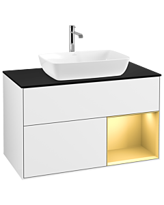 Villeroy und Boch Finion Waschtischunterschrank G782HFGF 100cm, Abdeckplatte black matt, Emotion, Regale Gold matt lacquer, Glossy white lacquer