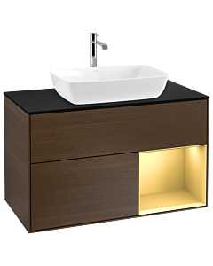 Villeroy und Boch Finion Waschtischunterschrank G782HFGN 100cm, Abdeckplatte black matt, Emotion, Regale Gold matt lacquer, Walnut veneer