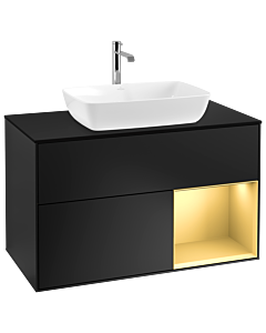 Villeroy und Boch Finion Waschtischunterschrank G782HFPD 100cm, Abdeckplatte black matt, Emotion, Regale Gold matt lacquer, Black matt lacquer