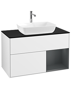Villeroy und Boch Finion Villeroy und Boch G782HGGF 100cm, plaque de recouvrement noire mate, Emotion, étagères laqué mat Midnight, laqué blanc brillant