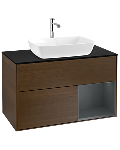 Villeroy und Boch Finion Waschtischunterschrank G782HGGN 100cm, Abdeckplatte black matt, Emotion, Regale Midnight matt lacquer, Walnut veneer