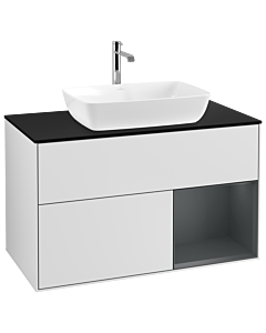 Villeroy und Boch Finion Waschtischunterschrank G782HGMT 100cm, Abdeckplatte black matt, Emotion, Regale Midnight matt lacquer, White matt lacquer