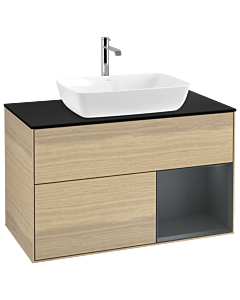 Villeroy und Boch Finion Waschtischunterschrank G782HGPC 100cm, Abdeckplatte black matt, Emotion, Regale Midnight matt lacquer, Oak Veneer