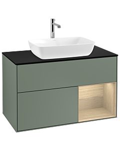 Villeroy und Boch Finion Waschtischunterschrank G782PCGM 100cm, Abdeckplatte black matt, Emotion, Regale Oak Veneer, Olive Matt Lacquer
