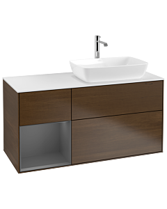 Villeroy und Boch Finion Waschtischunterschrank G801GKGN 120cm, Abdeckplatte white matt, Emotion, Regale Anthracite matt lacquer, Walnut veneer