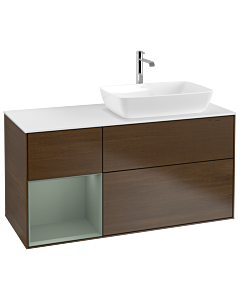 Villeroy und Boch Finion Waschtischunterschrank G801GMGN 120cm, Abdeckplatte white matt, Emotion, Regale Olive matt lacquer, Walnut veneer