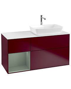 Villeroy und Boch Finion Waschtischunterschrank G801GMHB 120cm, Abdeckplatte white matt, Emotion, Regale Olive matt lacquer, Peony Matt