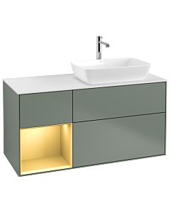 Villeroy und Boch Finion Villeroy und Boch G801HFGM 120cm, plaque de recouvrement blanc mat, Emotion, étagères laqué or mat, Olive Matt Lacquer