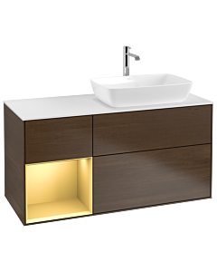 Villeroy und Boch Finion Waschtischunterschrank G801HFGN 120cm, Abdeckplatte white matt, Emotion, Regale Gold matt lacquer, Walnut veneer