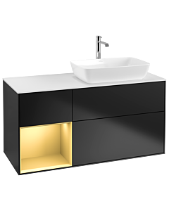 Villeroy und Boch Finion Waschtischunterschrank G801HFPD 120cm, Abdeckplatte white matt, Emotion, Regale Gold matt lacquer, Black matt lacquer
