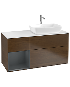 Villeroy und Boch Finion Waschtischunterschrank G801HGGN 120cm, Abdeckplatte white matt, Emotion, Regale Midnight matt lacquer, Walnut veneer