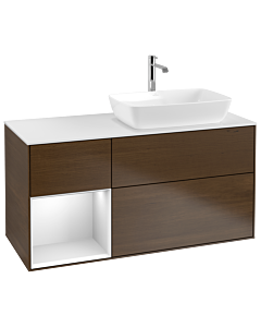 Villeroy und Boch Finion Waschtischunterschrank G801MTGN 120cm, Abdeckplatte white matt, Emotion, Regale White matt lacquer, Walnut veneer