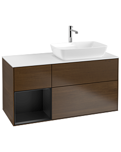 Villeroy und Boch Finion Waschtischunterschrank G801PDGN 120cm, Abdeckplatte white matt, Emotion, Regale Black matt lacquer, Walnut veneer