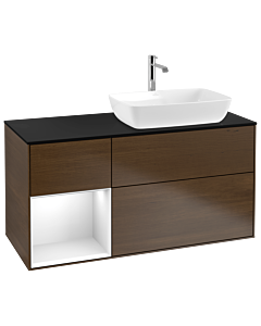 Villeroy und Boch Finion Waschtischunterschrank G802GFGN 120cm, Abdeckplatte black matt, Emotion, Regale Glossy white lacquer, Walnut veneer