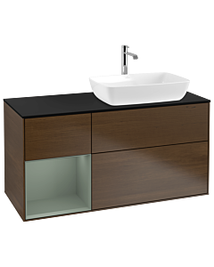 Villeroy und Boch Finion Waschtischunterschrank G802GMGN 120cm, Abdeckplatte black matt, Emotion, Regale Olive matt lacquer, Walnut veneer