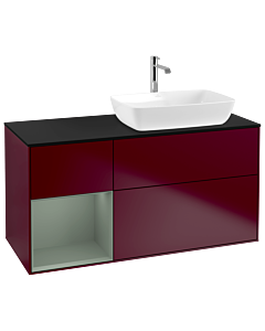 Villeroy und Boch Finion Waschtischunterschrank G802GMHB 120cm, Abdeckplatte black matt, Emotion, Regale Olive matt lacquer, Peony Matt
