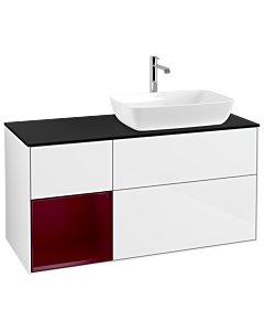 Villeroy und Boch Finion Waschtischunterschrank G802HBGF 120cm, Abdeckplatte black matt, Emotion, Regale Peony matt lacquer, Glossy white lacquer