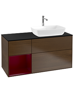 Villeroy und Boch Finion Waschtischunterschrank G802HBGN 120cm, Abdeckplatte black matt, Emotion, Regale Peony matt lacquer, Walnut veneer