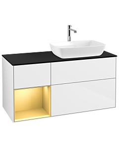 Villeroy und Boch Finion Waschtischunterschrank G802HFGF 120cm, Abdeckplatte black matt, Emotion, Regale Gold matt lacquer, Glossy white lacquer