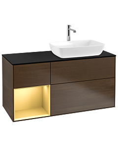 Villeroy und Boch Finion Waschtischunterschrank G802HFGN 120cm, Abdeckplatte black matt, Emotion, Regale Gold matt lacquer, Walnut veneer