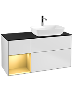 Villeroy und Boch Finion Villeroy und Boch G802HFMT 120cm, plaque de recouvrement noir mat, Emotion, étagères laqué mat doré, laqué mat blanc