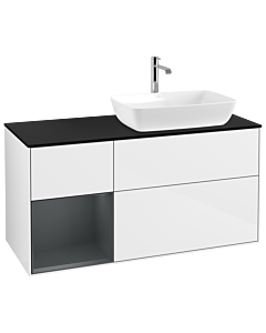 Villeroy und Boch Finion Waschtischunterschrank G802HGGF 120cm, Abdeckplatte black matt, Emotion, Regale Midnight matt lacquer, Glossy white lacquer