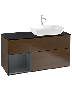 Villeroy und Boch Finion Waschtischunterschrank G802HGGN 120cm, Abdeckplatte black matt, Emotion, Regale Midnight matt lacquer, Walnut veneer