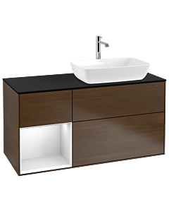 Villeroy und Boch Finion Waschtischunterschrank G802MTGN 120cm, Abdeckplatte black matt, Emotion, Regale White matt lacquer, Walnut veneer