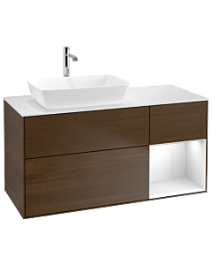 Villeroy und Boch Finion Waschtischunterschrank G811GFGN 120cm, Abdeckplatte white matt, Emotion, Regale Glossy white lacquer, Walnut veneer