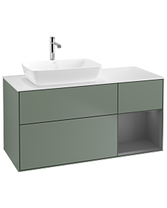 Villeroy und Boch Finion Waschtischunterschrank G811GKGM 120cm, Abdeckplatte white matt, Emotion, Regale Anthracite matt lacquer, Olive Matt Lacquer