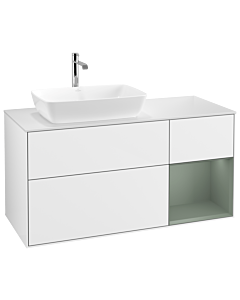 Villeroy und Boch Finion Waschtischunterschrank G811GMGF 120cm, Abdeckplatte white matt, Emotion, Regale Olive matt lacquer, Glossy white lacquer