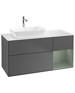 Villeroy und Boch Finion Waschtischunterschrank G811GMGK 120cm, Abdeckplatte white matt, Emotion, Regale Olive matt lacquer, Anthracite matt