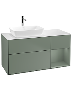 Villeroy und Boch Finion Villeroy und Boch G811GMGM 120cm, plaque de finition blanc mat, Emotion, étagères olive laqué mat, Olive Matt Lacquer