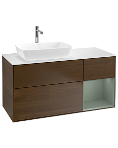 Villeroy und Boch Finion Villeroy und Boch G811GMGN 120cm, plaque de recouvrement blanc mat, Emotion, étagères laqué mat olive, placage noyer