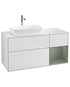 Villeroy und Boch Finion Waschtischunterschrank G811GMMT 120cm, Abdeckplatte white matt, Emotion, Regale Olive matt lacquer, White matt lacquer