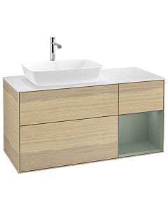 Villeroy und Boch Finion Waschtischunterschrank G811GMPC 120cm, Abdeckplatte white matt, Emotion, Regale Olive matt lacquer, Oak Veneer
