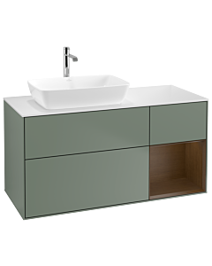 Villeroy und Boch Finion Waschtischunterschrank G811GNGM 120cm, Abdeckplatte white matt, Emotion, Regale Walnut Veneer, Olive Matt Lacquer
