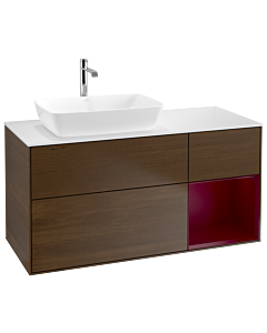 Villeroy und Boch Finion Waschtischunterschrank G811HBGN 120cm, Abdeckplatte white matt, Emotion, Regale Peony matt lacquer, Walnut veneer