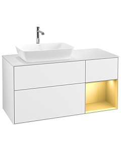 Villeroy und Boch Finion Villeroy und Boch G811HFGF 120cm, plaque de recouvrement blanc mat, Emotion, étagères laqué or mat, laqué blanc brillant