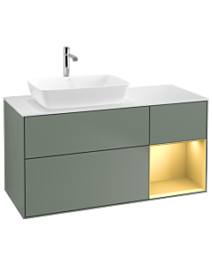 Villeroy und Boch Finion Villeroy und Boch G811HFGM 120cm, plaque de recouvrement blanc mat, Emotion, étagères laqué or mat, Olive Matt Lacquer