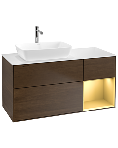 Villeroy und Boch Finion Waschtischunterschrank G811HFGN 120cm, Abdeckplatte white matt, Emotion, Regale Gold matt lacquer, Walnut veneer