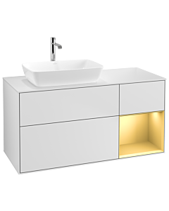 Villeroy und Boch Finion Villeroy und Boch G811HFMT 120cm, plaque de recouvrement blanc mat, Emotion, étagères laqué or mat, laqué blanc mat