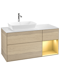 Villeroy und Boch Finion Villeroy und Boch G811HFPC 120cm, plaque de recouvrement blanc mat, Emotion, étagères laqué or mat, Oak Veneer