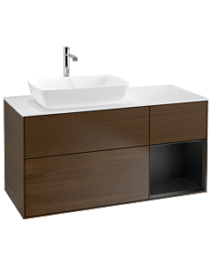 Villeroy und Boch Finion Waschtischunterschrank G811PDGN 120cm, Abdeckplatte white matt, Emotion, Regale Black matt lacquer, Walnut veneer